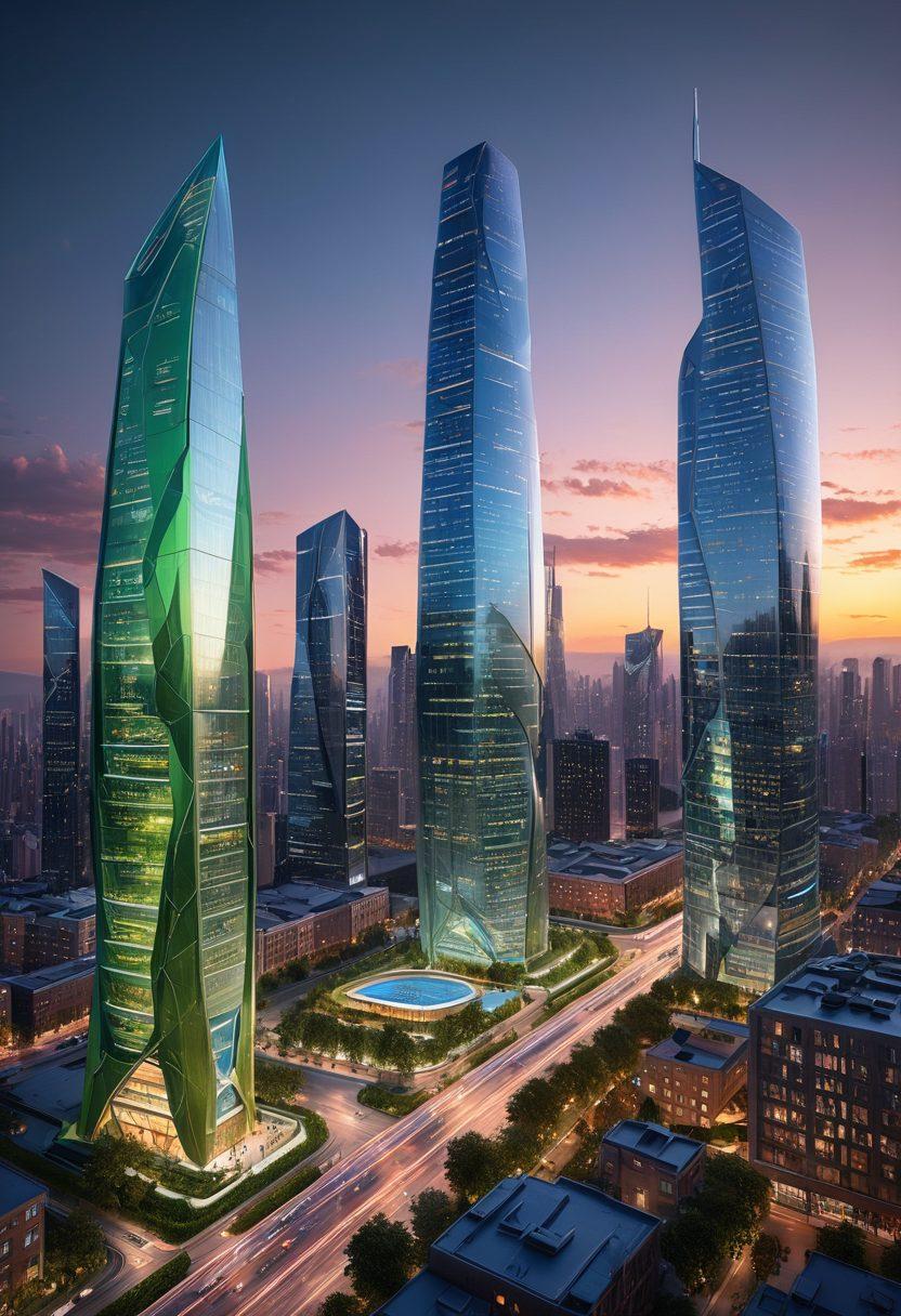A futuristic cityscape showcasing innovative architectural designs featuring sleek skyscrapers, organic shapes, and green spaces integrated with advanced tech elements. In the foreground, a designer interacts with a holographic CAD interface displaying 3D models and blueprints. The scene is bathed in a twilight glow, emphasizing the vibrant colors and intricate details of the buildings. Include elements like drones and smart city tech to enhance the futuristic theme. super-realistic. vibrant colors. 3D.