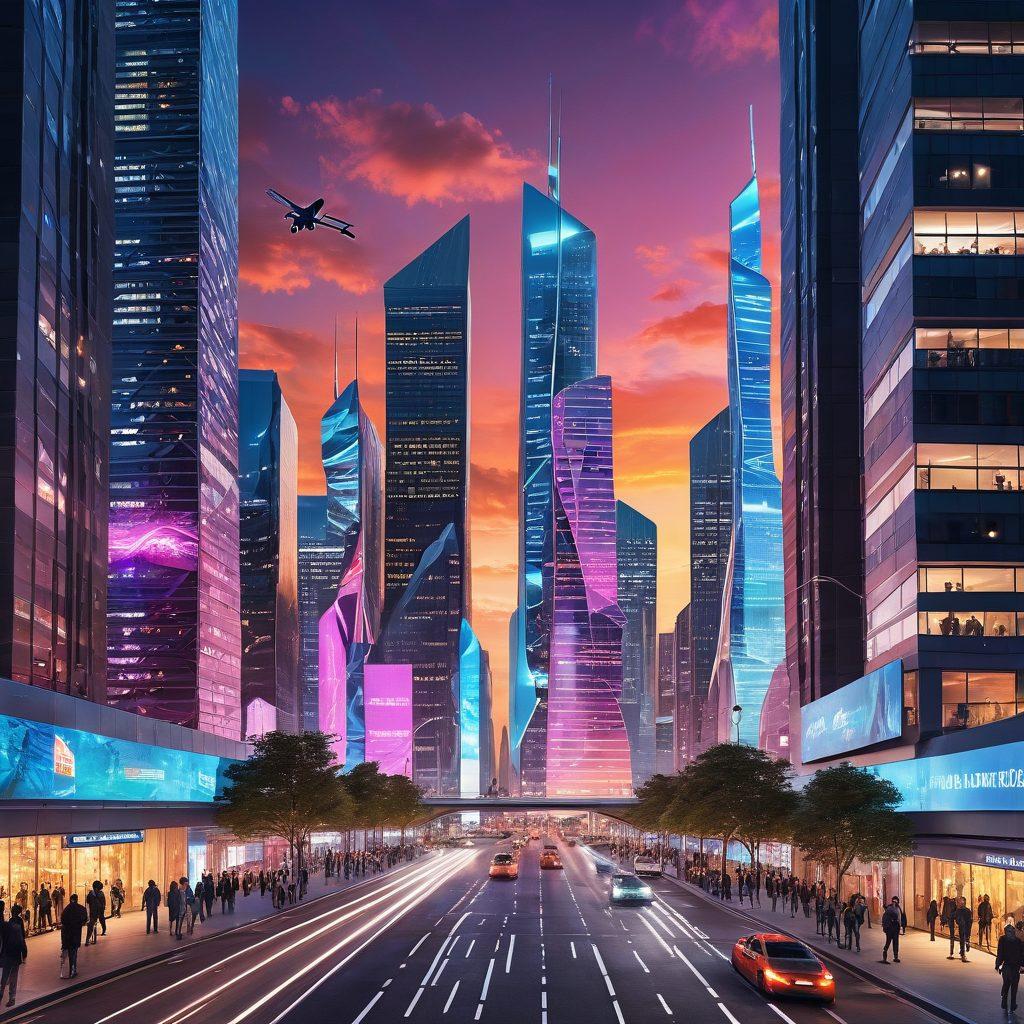 A futuristic cityscape showcasing seamlessly integrated architectural designs with innovative software solutions. Include elements like augmented reality blueprints overlaying the buildings, drones constructing structures, and vibrant tech-infused streets. Ensure a dazzling sunset to symbolize the renaissance of architecture influenced by digital advancements. super-realistic. vibrant colors. 3D.
